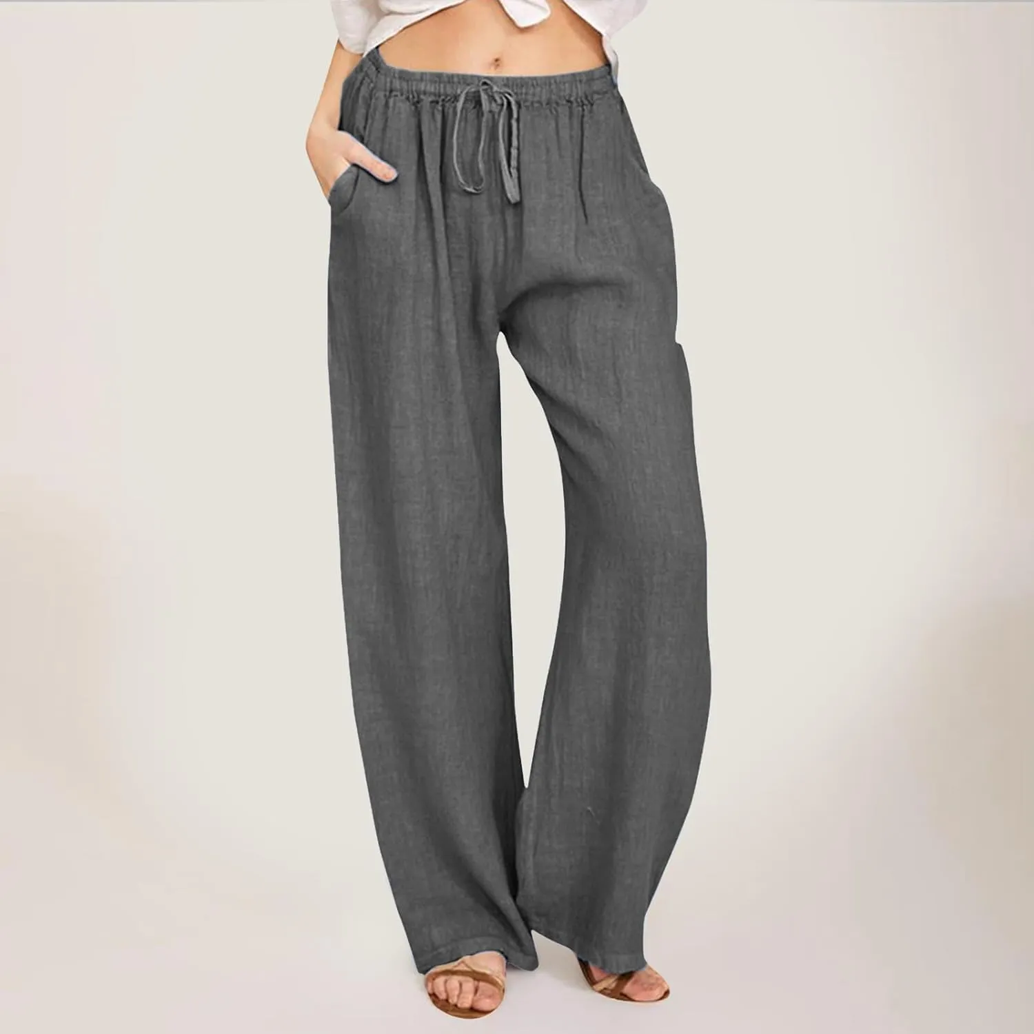 Linen Pants for Women 2025 Summer Wide Leg Palazzo Pants Comfy Drawstring High Waist Casual Beach Trousers Pockets