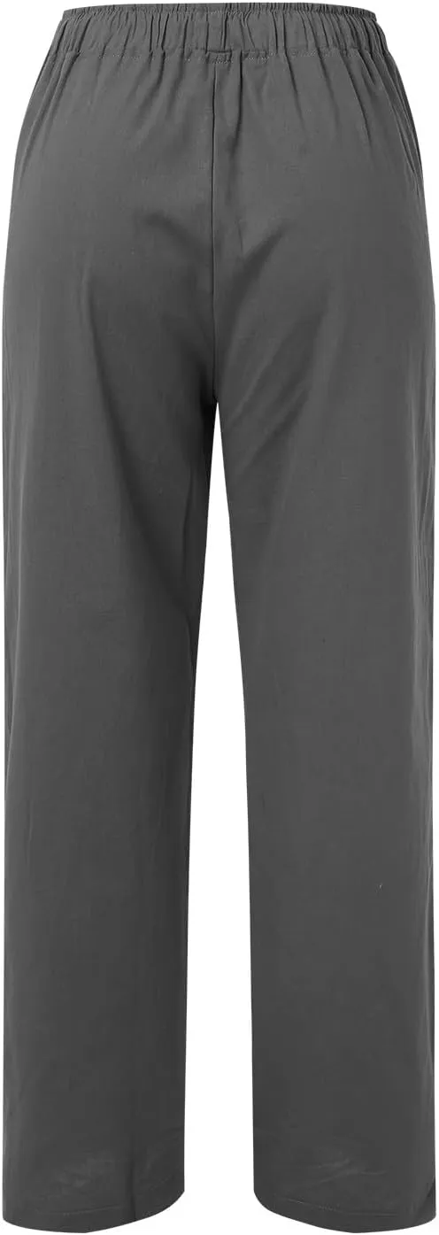 Linen Pants for Women 2025 Summer Wide Leg Palazzo Pants Comfy Drawstring High Waist Casual Beach Trousers Pockets