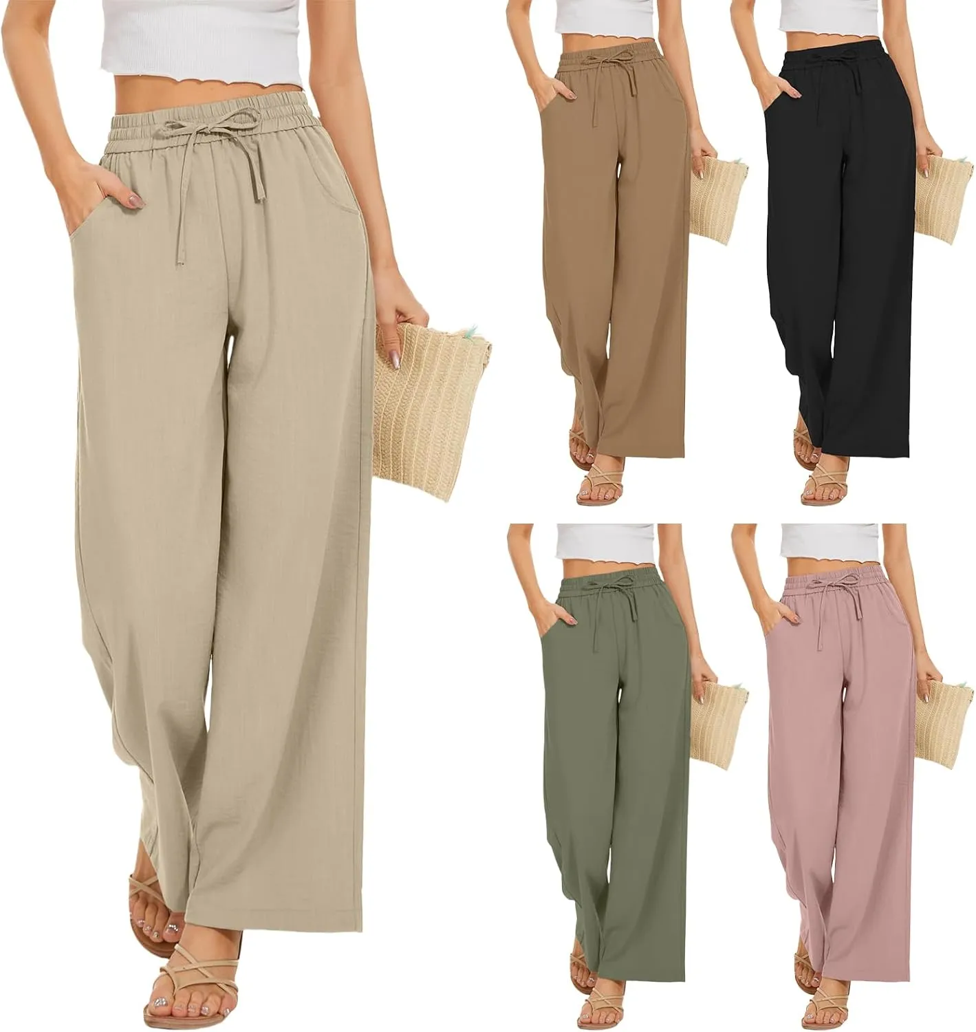 Linen Pants for Women High Waist Drawstring Pants Wide Leg Lounge Pant Summer Beach Flowy Palazzo Trousers