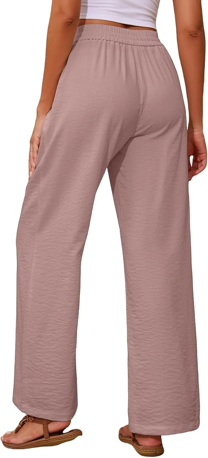 Linen Pants for Women High Waist Drawstring Pants Wide Leg Lounge Pant Summer Beach Flowy Palazzo Trousers