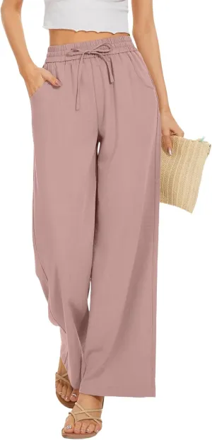 Linen Pants for Women High Waist Drawstring Pants Wide Leg Lounge Pant Summer Beach Flowy Palazzo Trousers