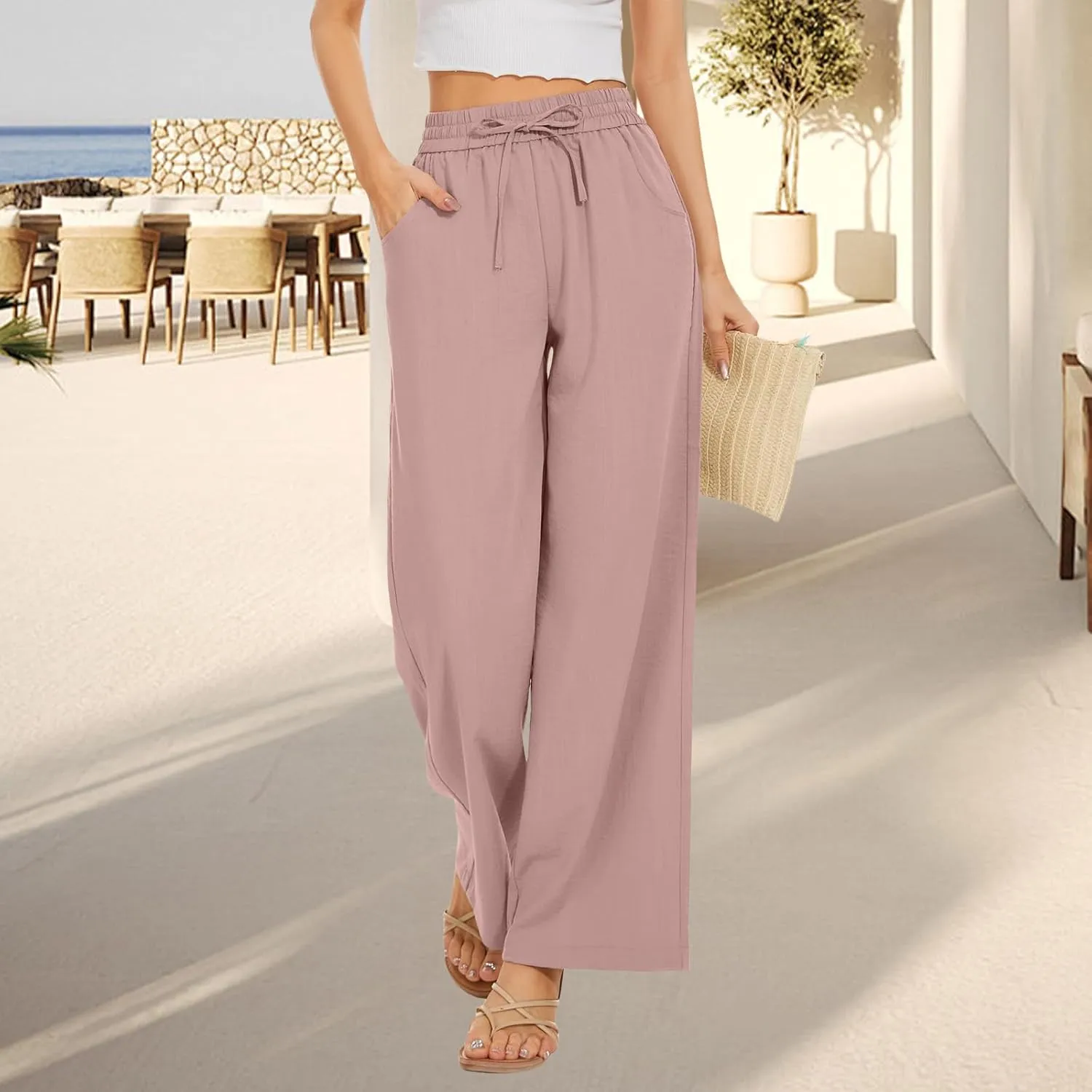Linen Pants for Women High Waist Drawstring Pants Wide Leg Lounge Pant Summer Beach Flowy Palazzo Trousers