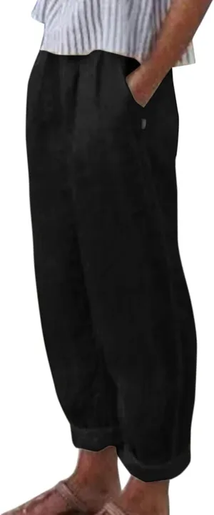Linen Pants for Women Summer Casual Loose Beach Pant Lightweight High Waist Cropped Baggy Trousers with Pockets