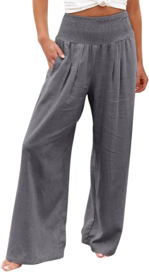 Linen Pants for Women Wide Leg Elastic High Waisted Palazzo Pants Lounge Yoga Trousers Beach Pants with Pockets
