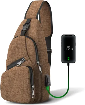 Lior Sling Bag Crossbody Shoulder Backpack with USB Charging Port - Men & Woman Travel-Friendly - Multipurpose Daypack with USB - for Travel, Hiking, Brown