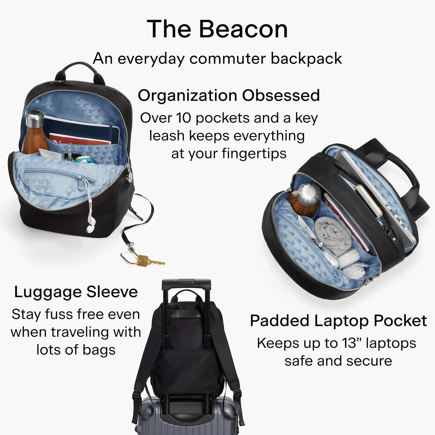 Lo & Sons Beacon Backpack - Chic Premium Travel Bag with 13" Laptop Compartment, Luggage Sleeve | Minimalist Bag for Women