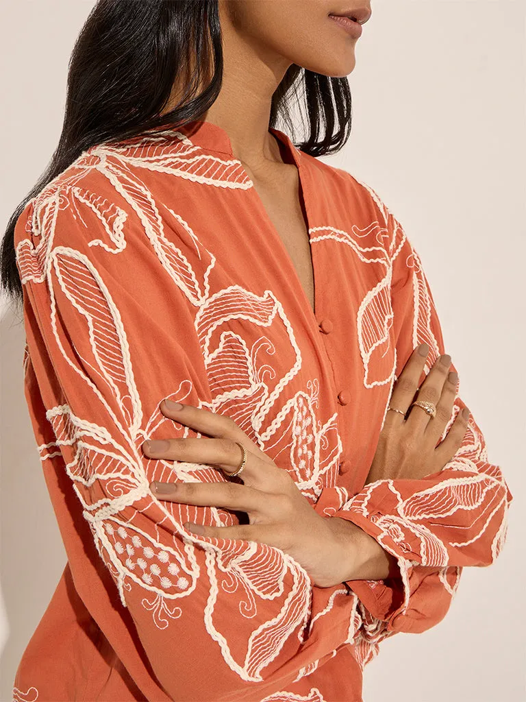 LOV Orange Floral Embroidered Cotton Top