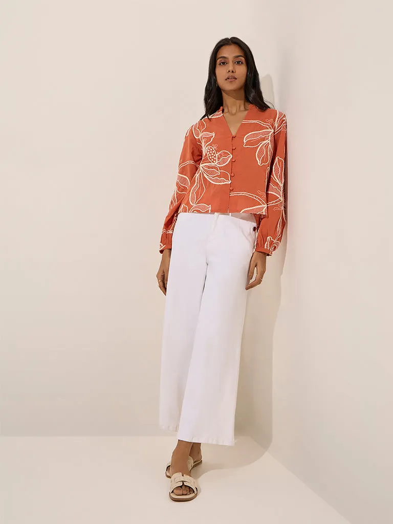LOV Orange Floral Embroidered Cotton Top