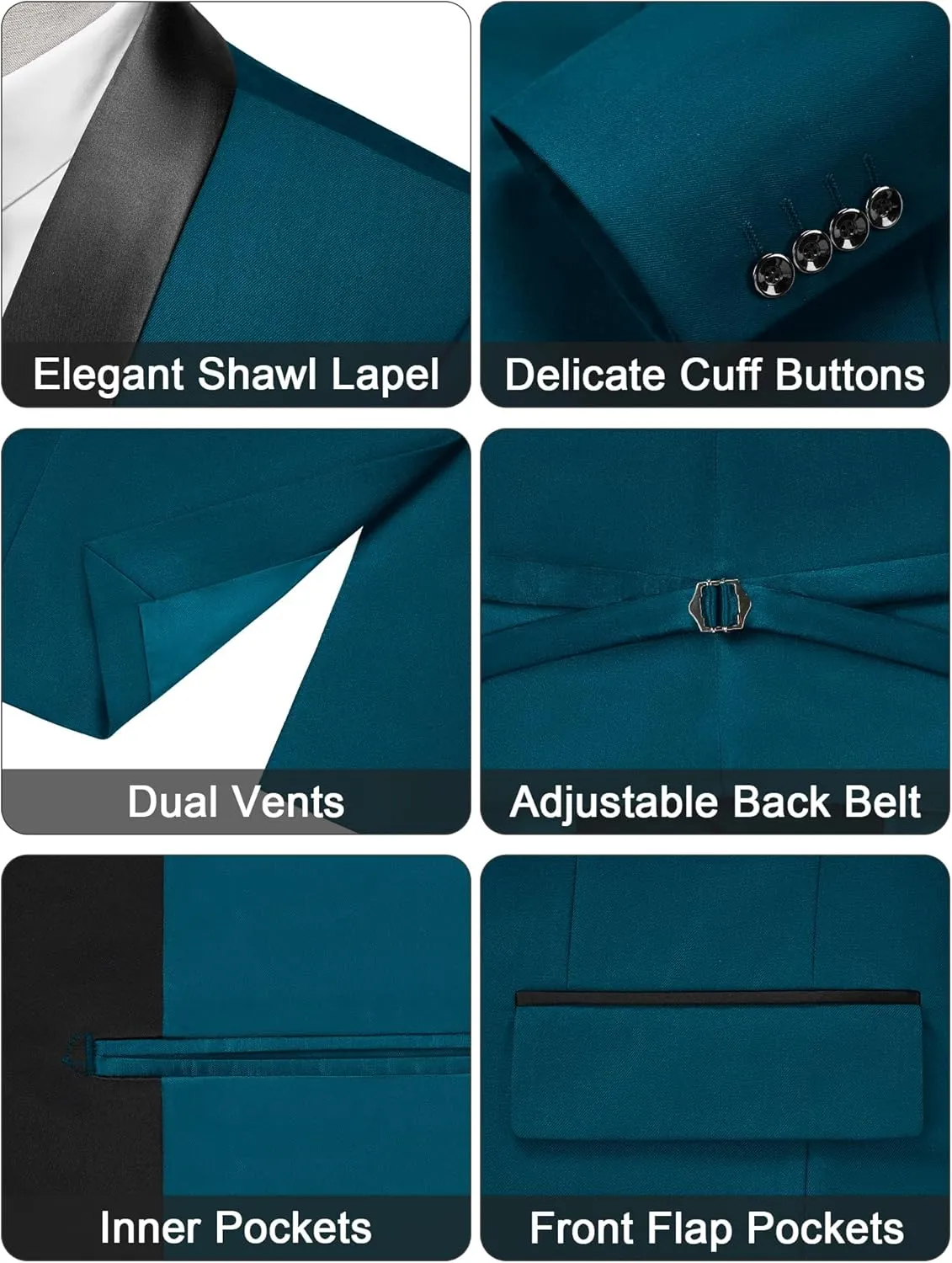 MAGE MALE Men's Slim Fit 3 Piece Suit One Button Solid Shawl Lapel Blazer Jacket Vest Pants Set with Tie Pocket Square