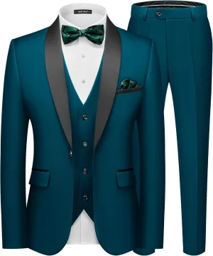 MAGE MALE Men's Slim Fit 3 Piece Suit One Button Solid Shawl Lapel Blazer Jacket Vest Pants Set with Tie Pocket Square