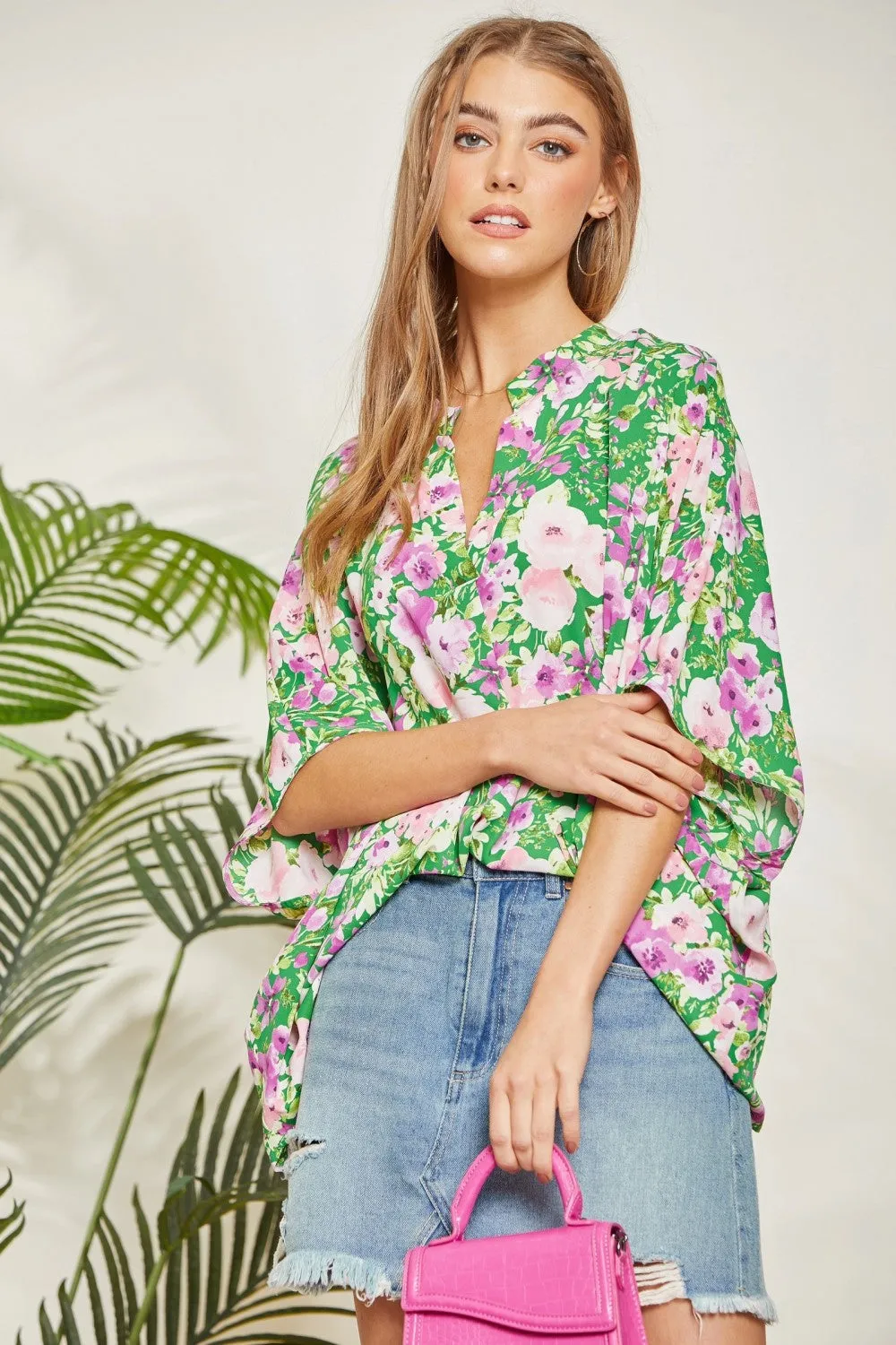 Mandarin Collar Floral Print Poncho Top