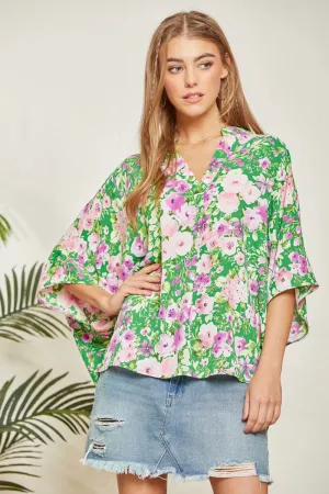 Mandarin Collar Floral Print Poncho Top