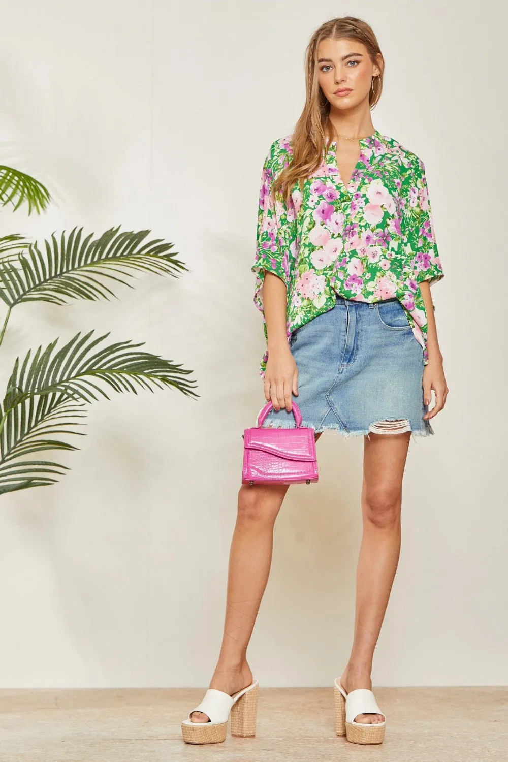 Mandarin Collar Floral Print Poncho Top