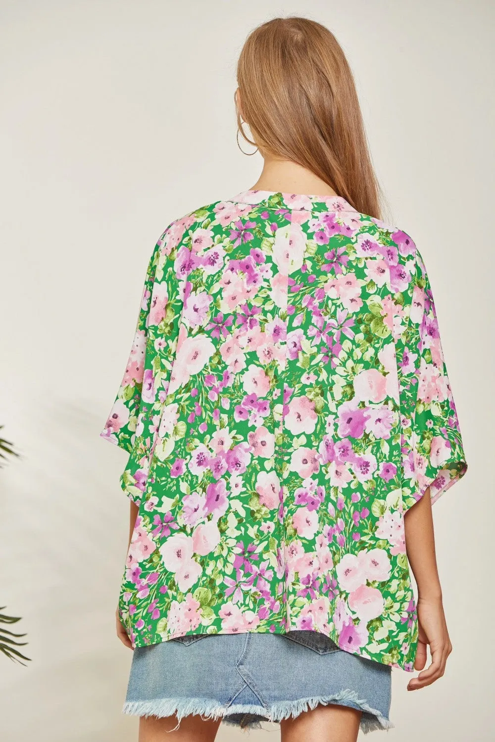 Mandarin Collar Floral Print Poncho Top