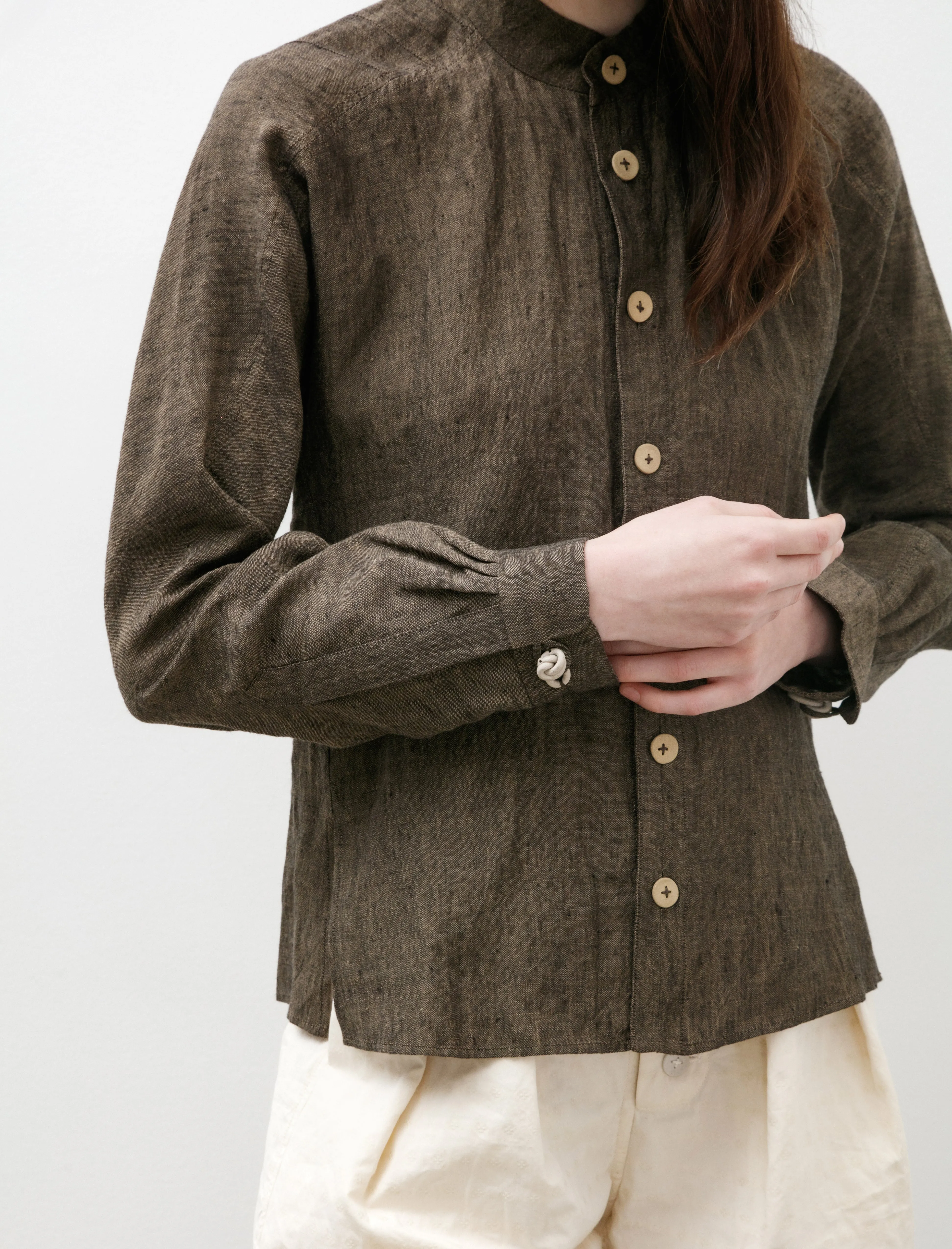 Mandarin Collar Shirt Walnut Linen