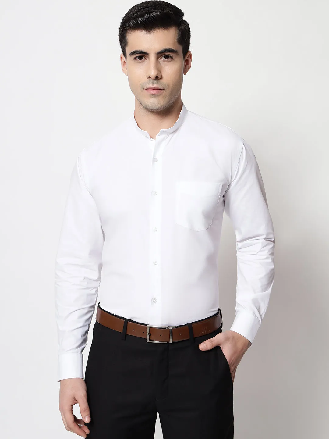 Mandarin Collar White Formal Shirt