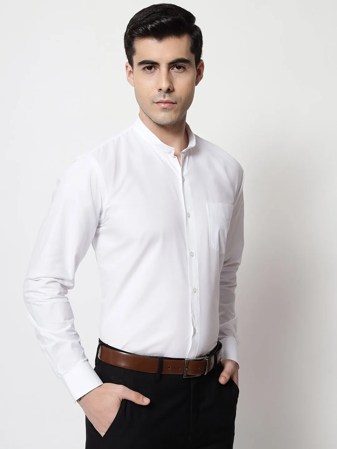 Mandarin Collar White Formal Shirt