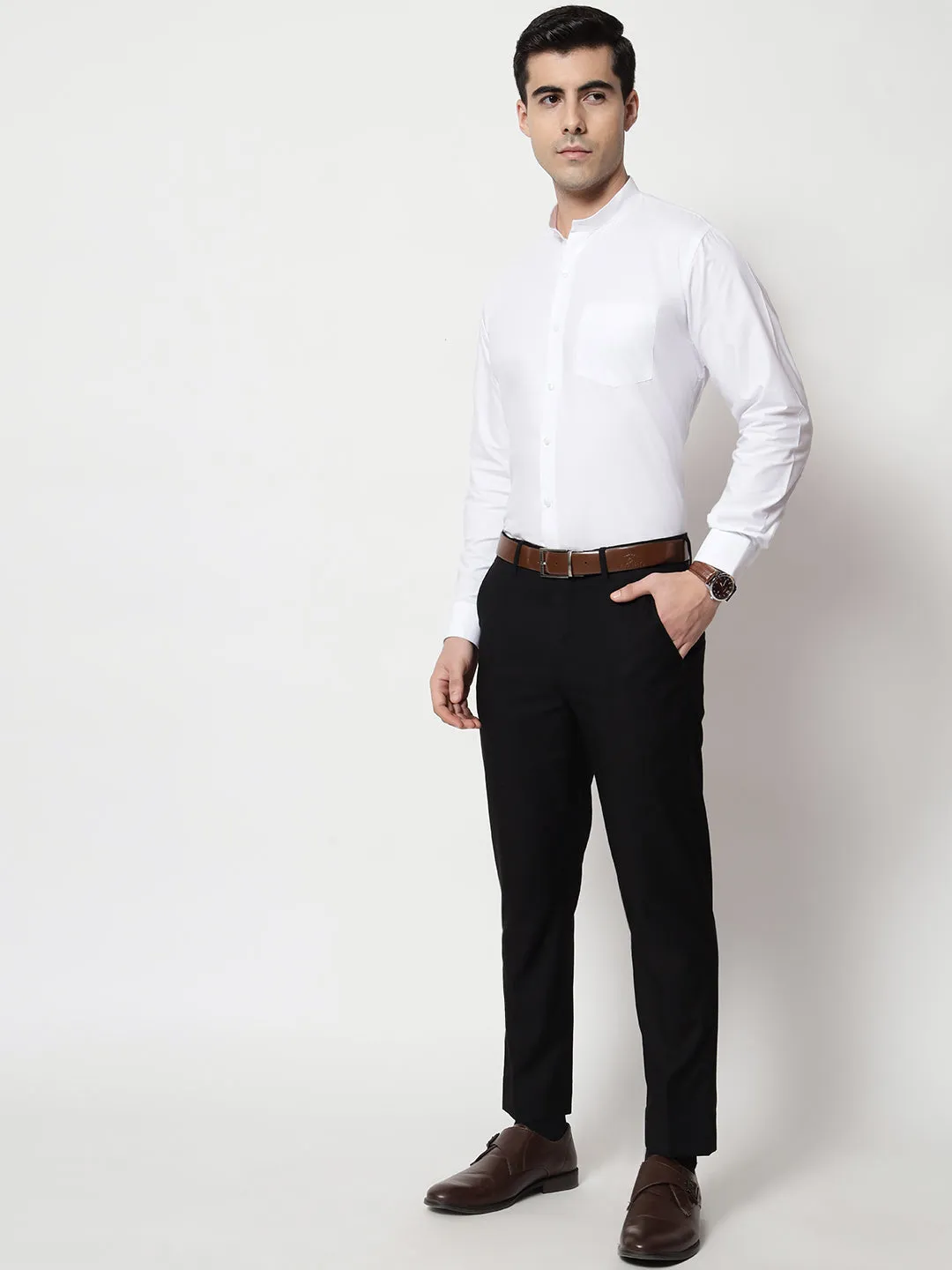 Mandarin Collar White Formal Shirt