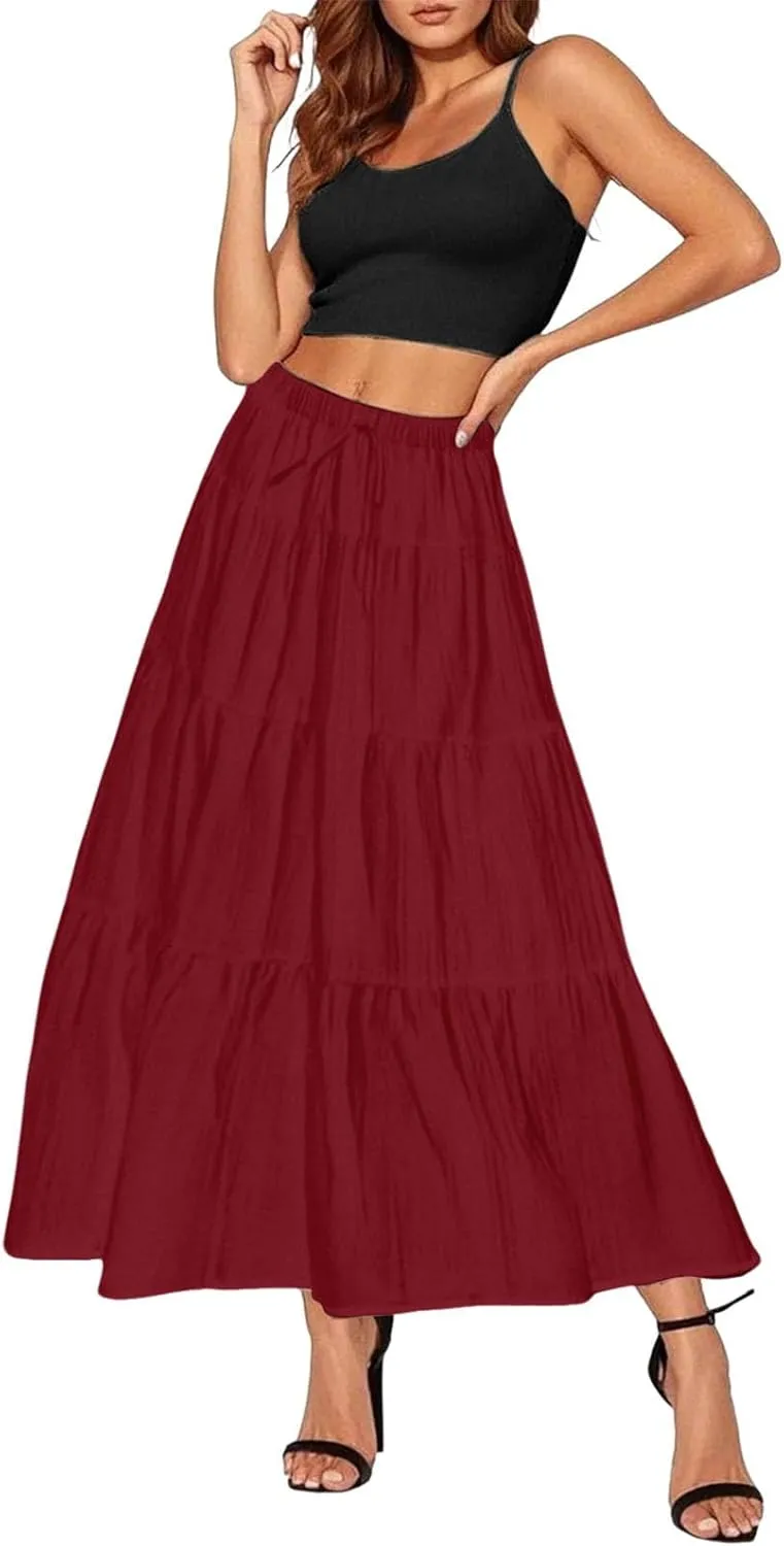 Maxi Skirt for Women Summer Elegant Trendy Drawstring High Waist Flowy Boho Pleated Tiered A Line Beach Long Skirts