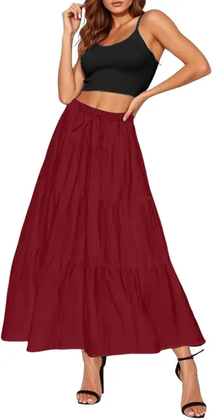 Maxi Skirt for Women Summer Elegant Trendy Drawstring High Waist Flowy Boho Pleated Tiered A Line Beach Long Skirts