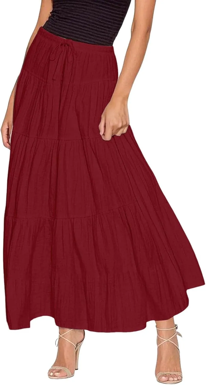 Maxi Skirt for Women Summer Elegant Trendy Drawstring High Waist Flowy Boho Pleated Tiered A Line Beach Long Skirts