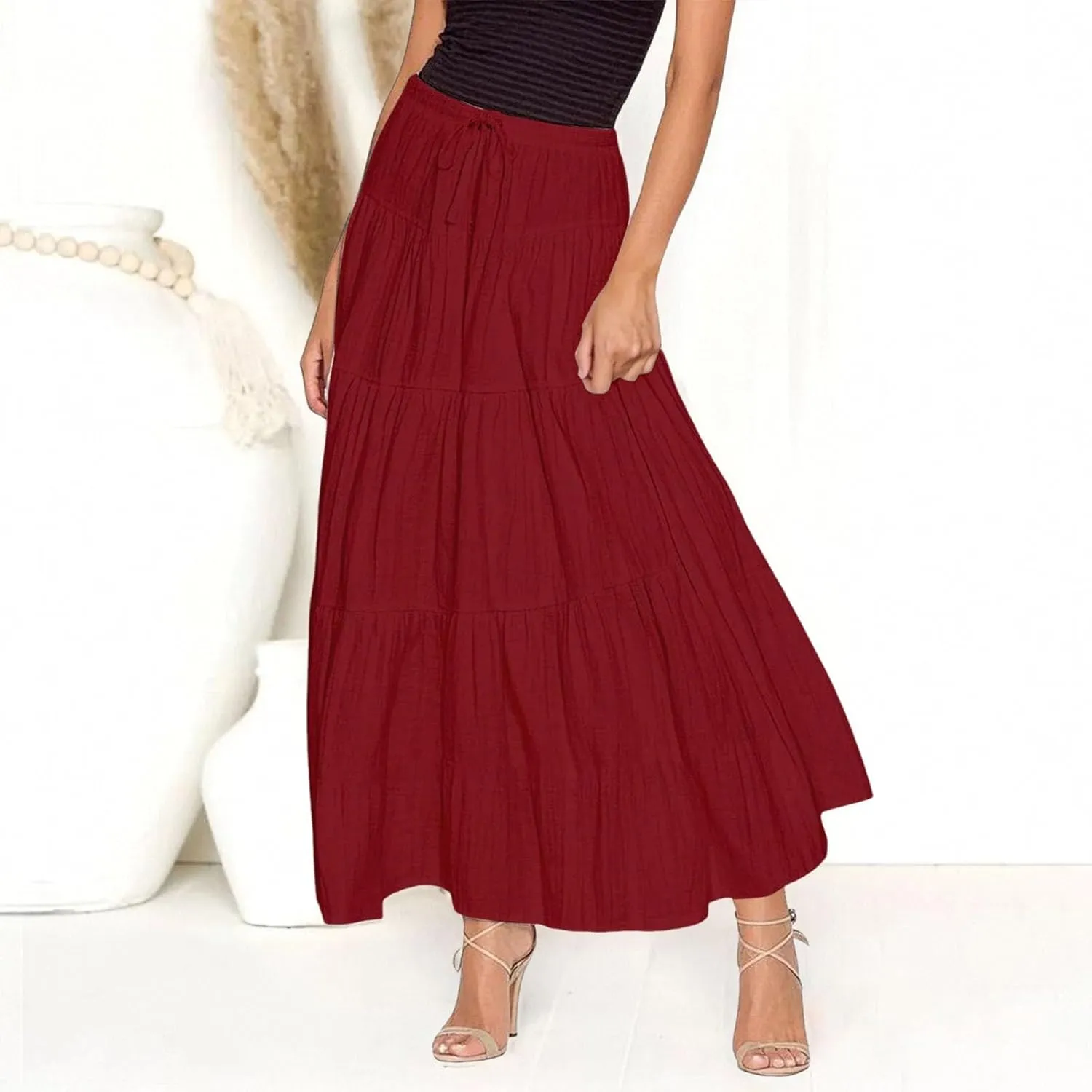 Maxi Skirt for Women Summer Elegant Trendy Drawstring High Waist Flowy Boho Pleated Tiered A Line Beach Long Skirts