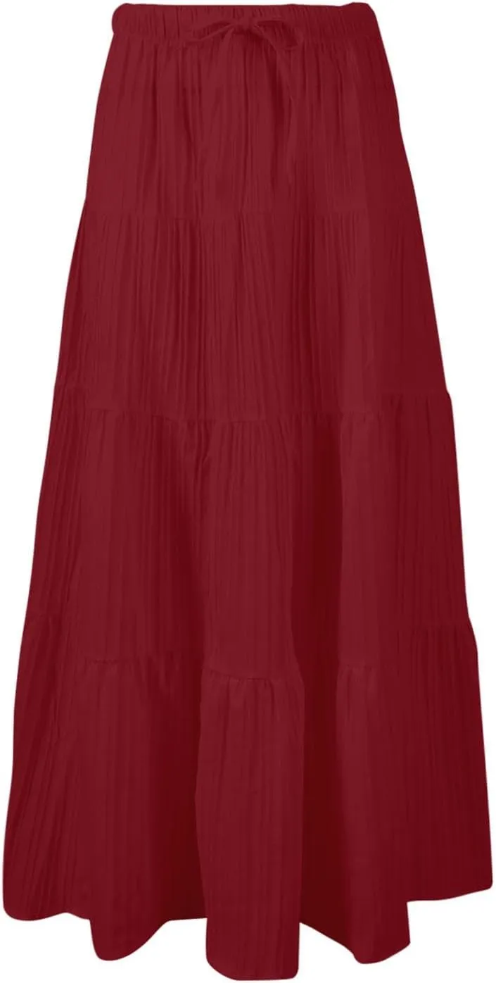 Maxi Skirt for Women Summer Elegant Trendy Drawstring High Waist Flowy Boho Pleated Tiered A Line Beach Long Skirts