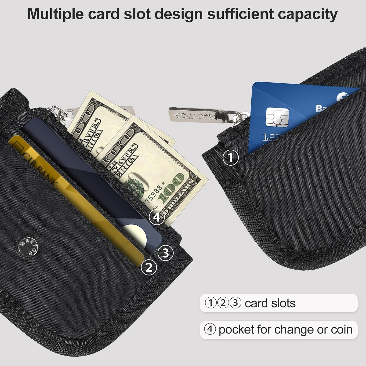 MAXTOP Slim Minimalist Wallet Card Holder For Women Men,Mini Zip Around keychain Coin Purse Women,Black