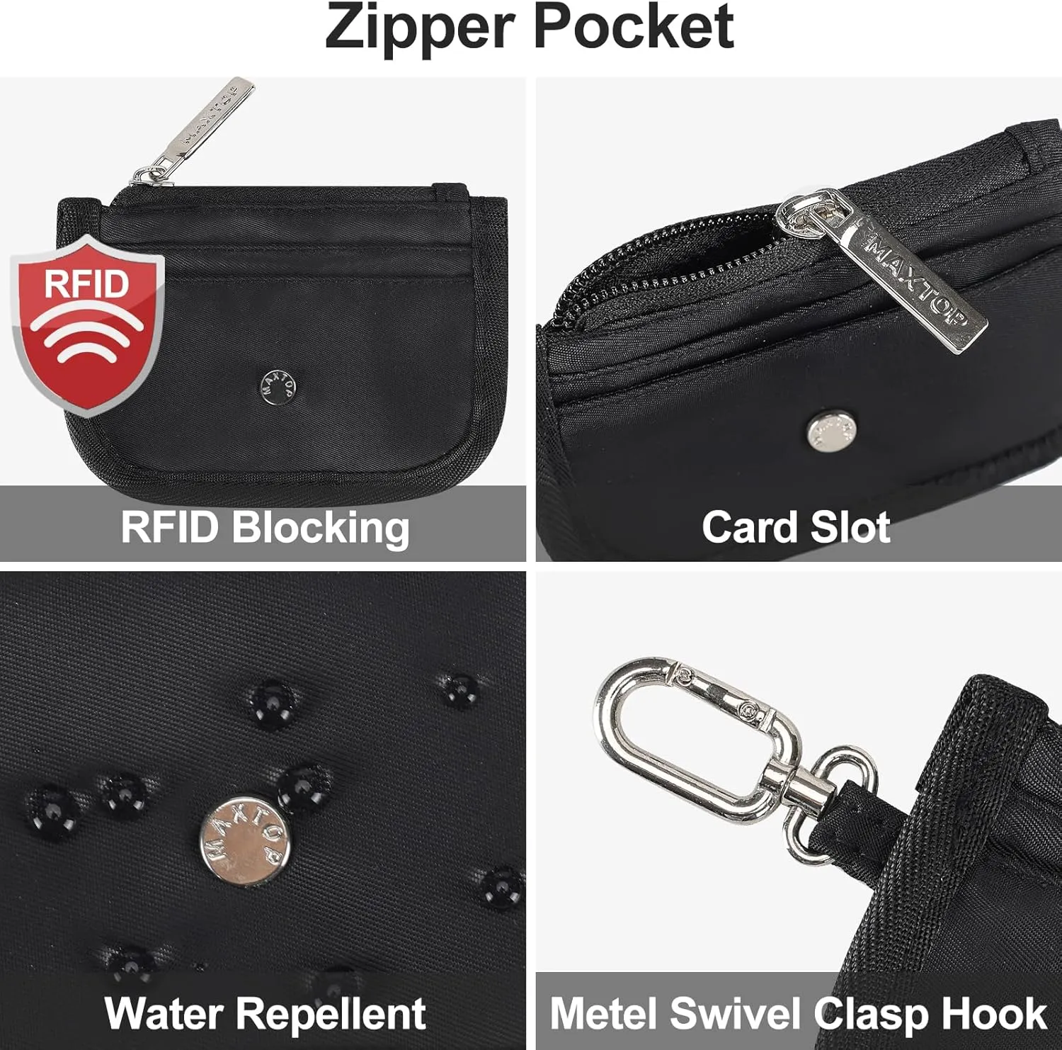 MAXTOP Slim Minimalist Wallet Card Holder For Women Men,Mini Zip Around keychain Coin Purse Women,Black