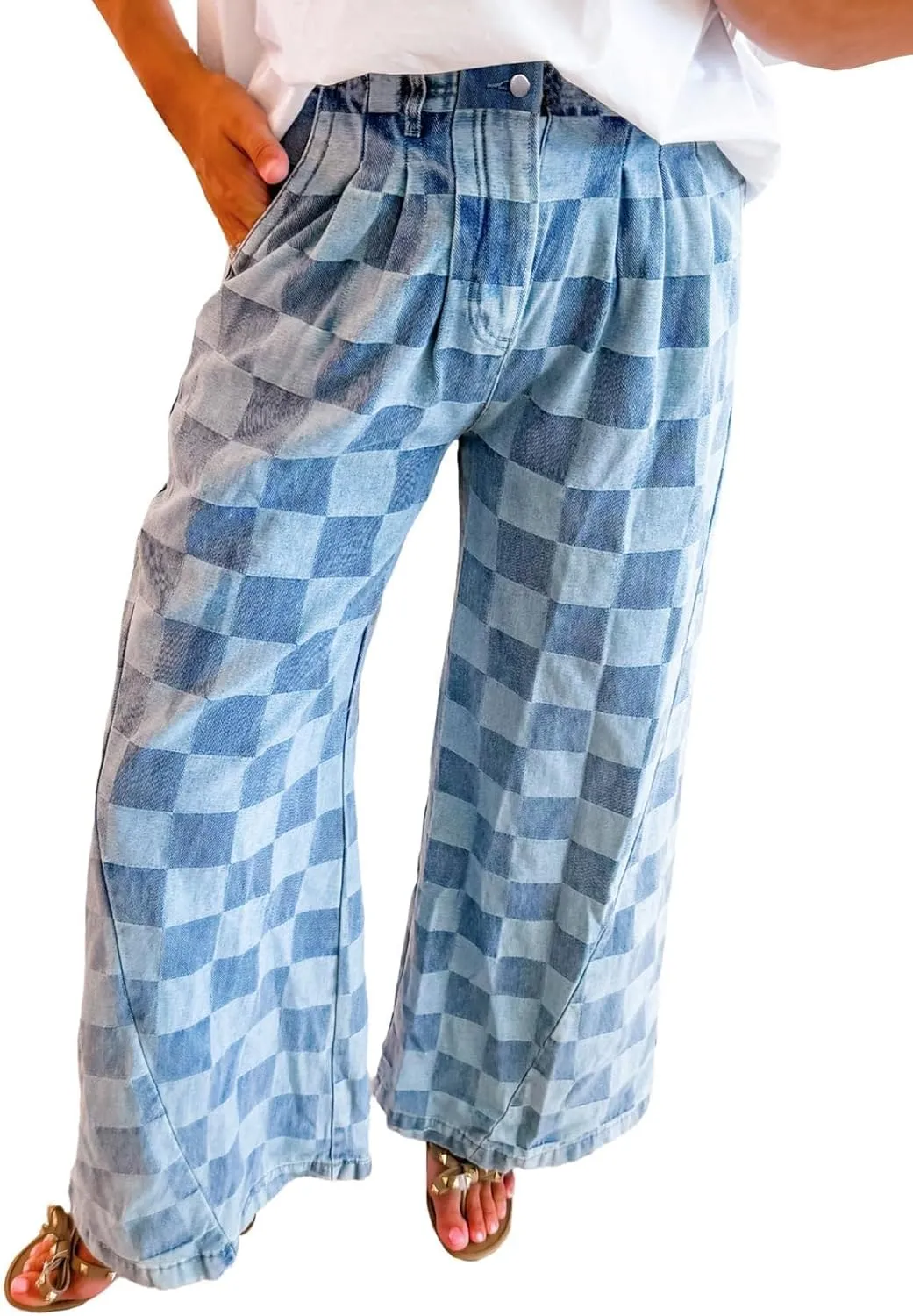 Melliflo Women Loose Wide Leg Straight Plaid Denim Pants Casual High Wasit Checkered Baggy Jeans with Pockets