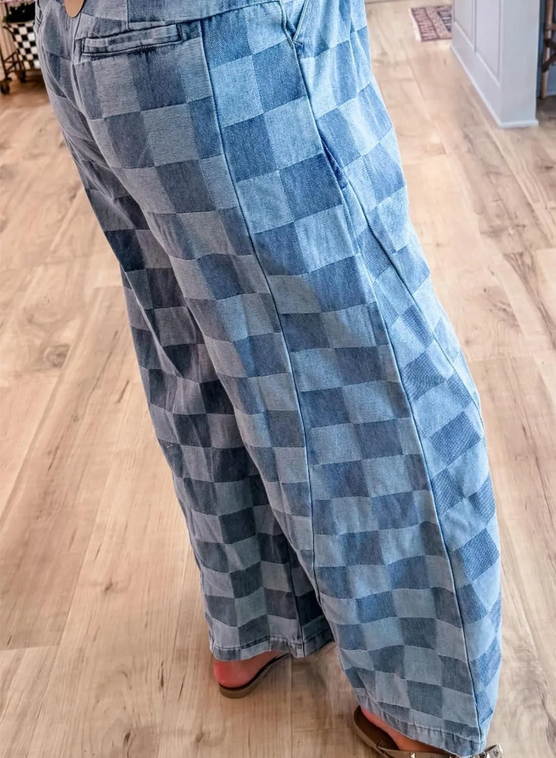 Melliflo Women Loose Wide Leg Straight Plaid Denim Pants Casual High Wasit Checkered Baggy Jeans with Pockets