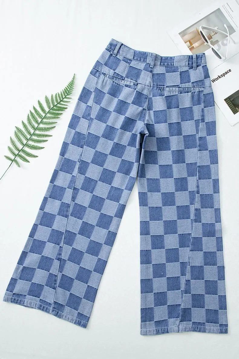 Melliflo Women Loose Wide Leg Straight Plaid Denim Pants Casual High Wasit Checkered Baggy Jeans with Pockets