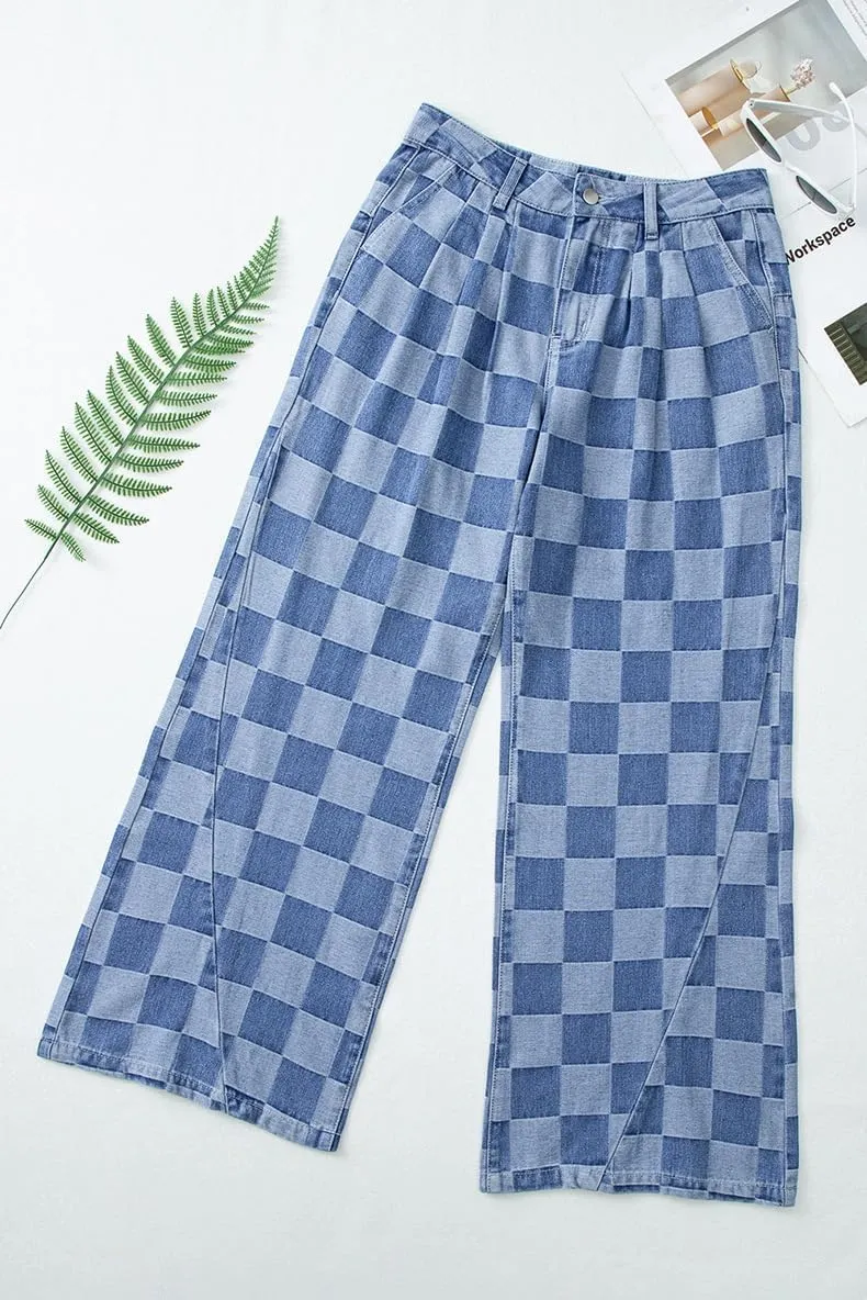 Melliflo Women Loose Wide Leg Straight Plaid Denim Pants Casual High Wasit Checkered Baggy Jeans with Pockets