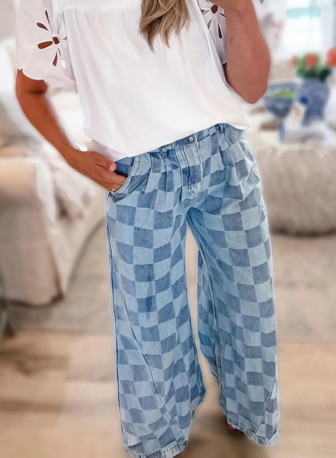 Melliflo Women Loose Wide Leg Straight Plaid Denim Pants Casual High Wasit Checkered Baggy Jeans with Pockets
