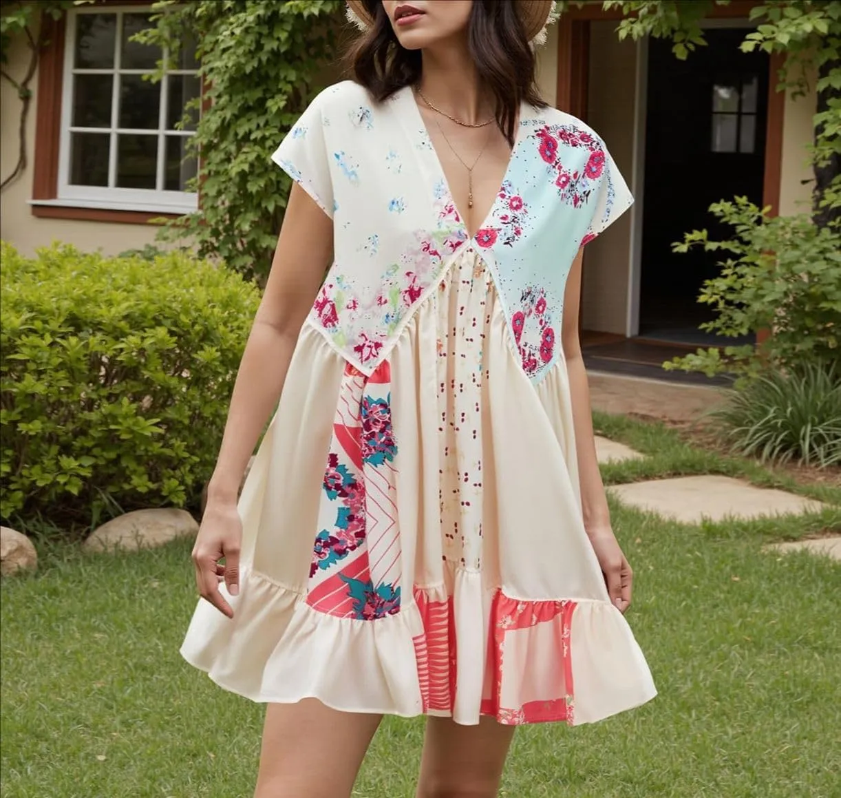 Melliflo Women's Floral Print Bohemian Mini Dress V-Neck Short Sleeve Ruffle Hem Y2k Summer Casual Beach Dress