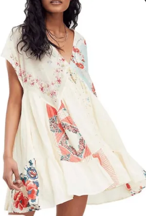 Melliflo Women's Floral Print Bohemian Mini Dress V-Neck Short Sleeve Ruffle Hem Y2k Summer Casual Beach Dress