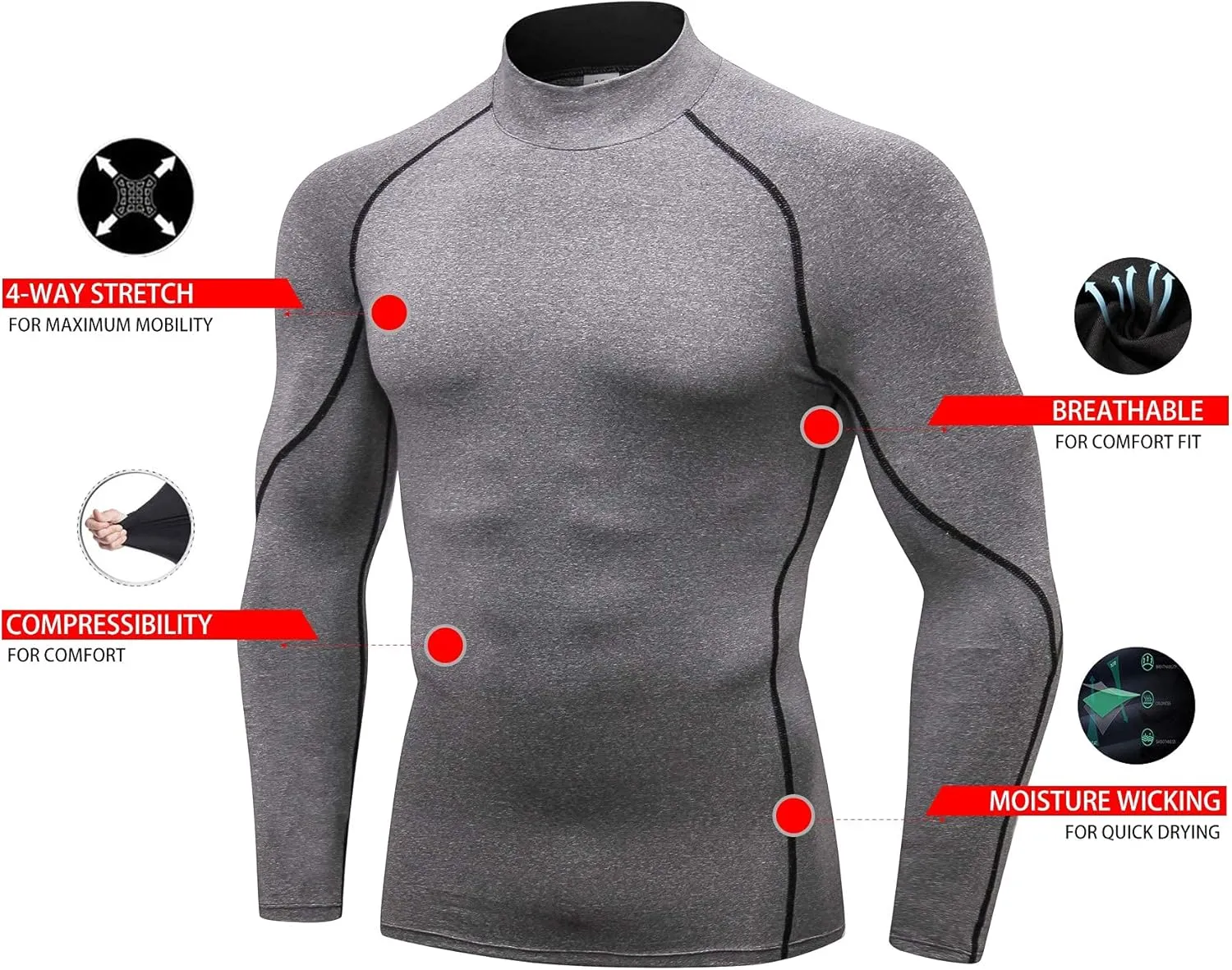 Mens 2 Pack Mock Turtleneck Compression Shirt Long Sleeve Sports Undershirt Athletic Baselayer Running T-Shirt