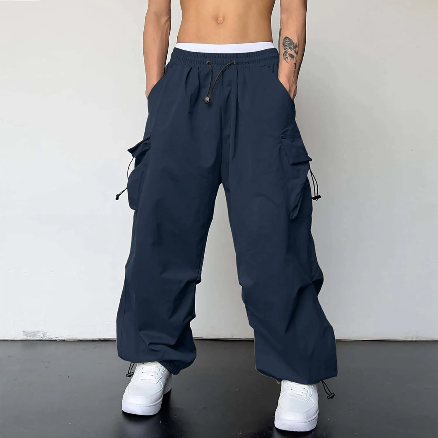 Men's Baggy Cargo Pants Casual Parachute Cargo Pants Elasticated Waist Loose Fit Outdoor Joggers Multi Pockets