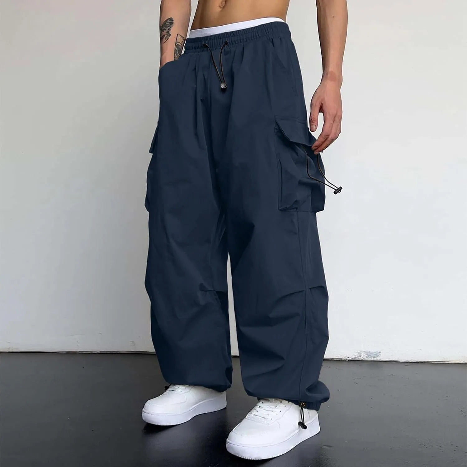 Men's Baggy Cargo Pants Casual Parachute Cargo Pants Elasticated Waist Loose Fit Outdoor Joggers Multi Pockets