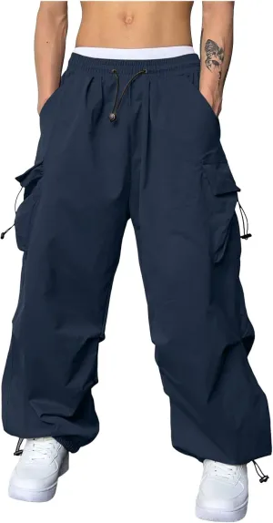 Men's Baggy Cargo Pants Casual Parachute Cargo Pants Elasticated Waist Loose Fit Outdoor Joggers Multi Pockets