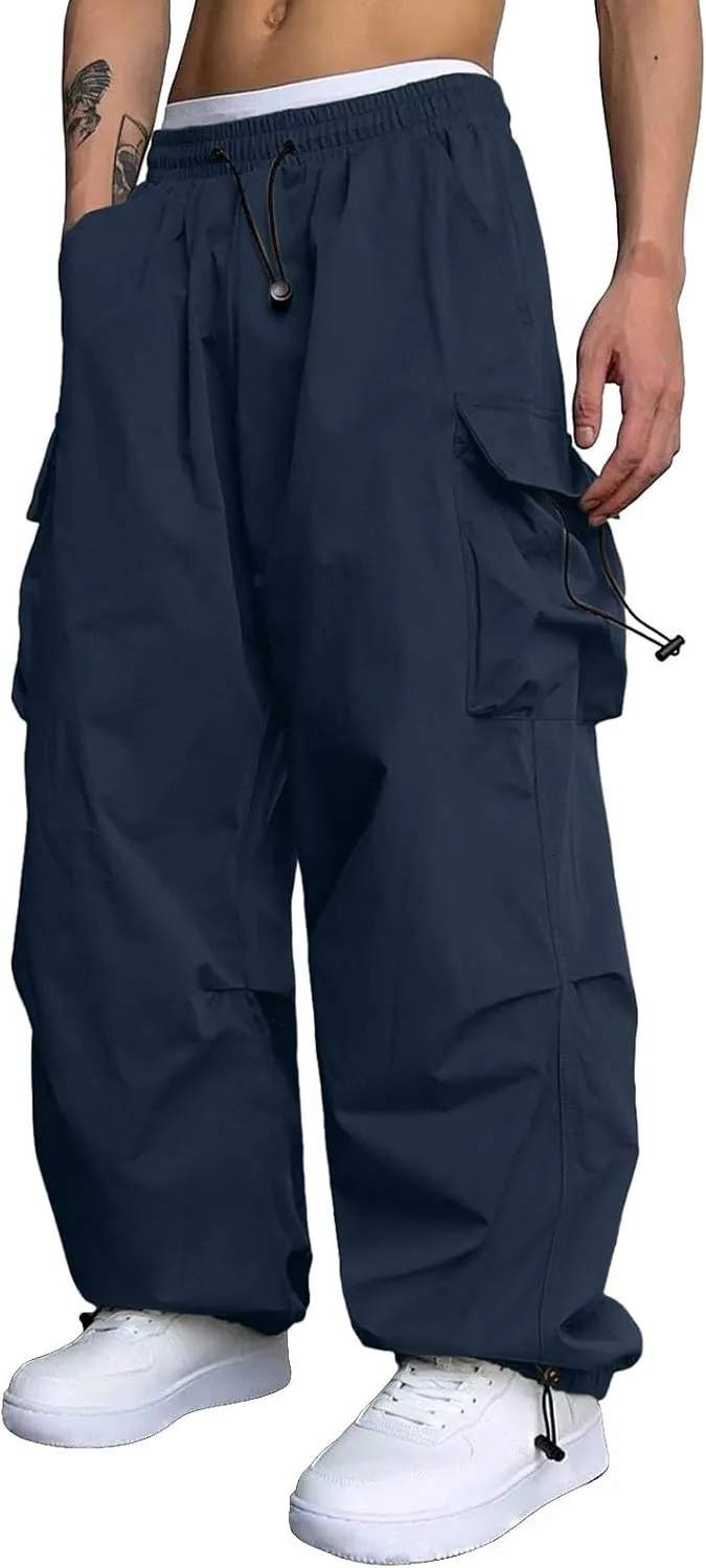 Men's Baggy Cargo Pants Casual Parachute Cargo Pants Elasticated Waist Loose Fit Outdoor Joggers Multi Pockets