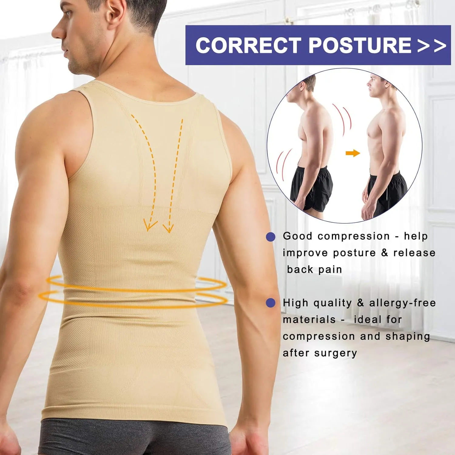 Mens Compression Shirt Slimming Body Shaper Vest Sleeveless Waist Trainer Workout Tank Top Tummy Control Shapewear