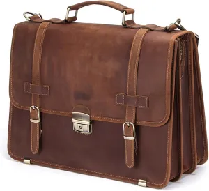 Men's Crazy Horse Genuine Leather Laptop Bag, Briefcase with Zipper, Adjustable Strap, for Laptop, Travel-Friendly, Business