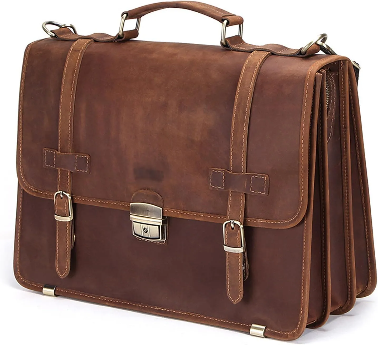 Men's Crazy Horse Genuine Leather Laptop Bag, Briefcase with Zipper, Adjustable Strap, for Laptop, Travel-Friendly, Business