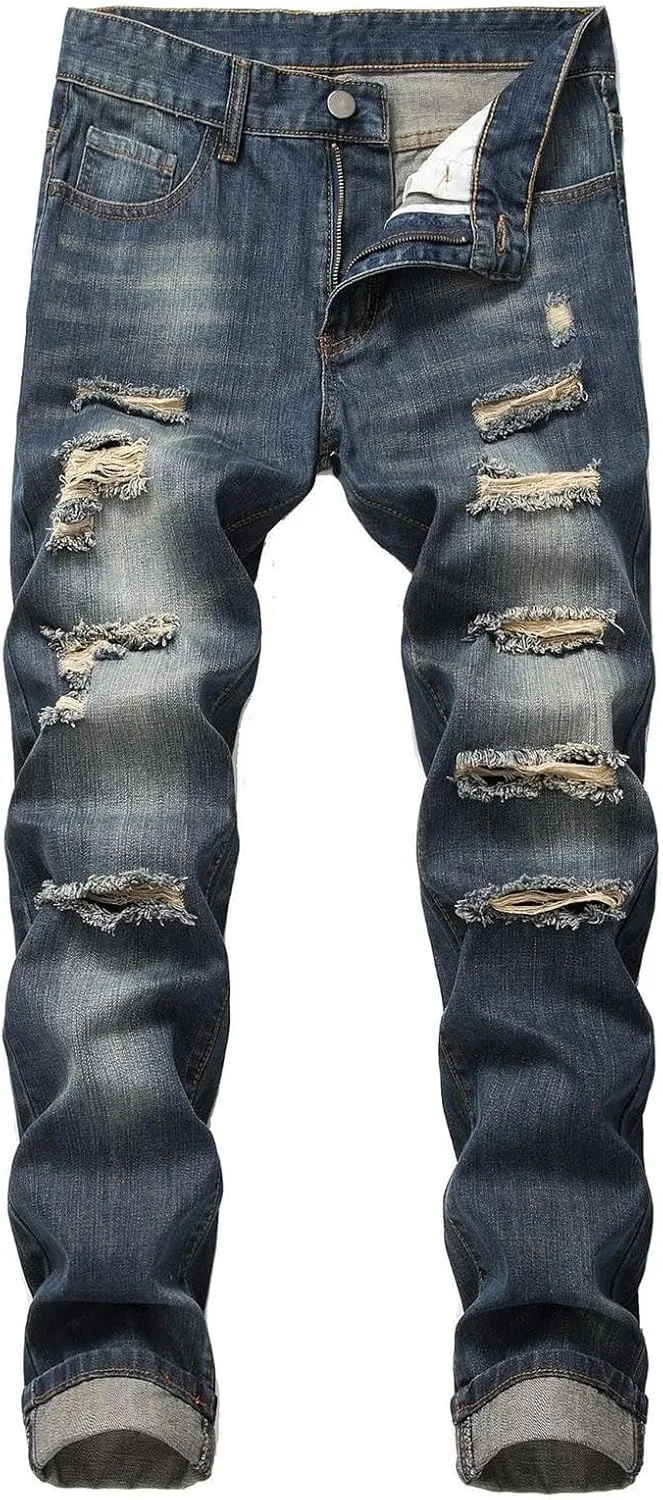 Men's Jeans Stretch Straight Wash Casual Sport Slim Fit Jeans Drawstring Elasticated Waist Denim Pants with Pockets