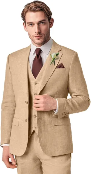 Men's Linen Suit 3 Piece Summer Slim Fit Blazer Set for Beach Weddings Parties Casual Business Jacket Vest Pants