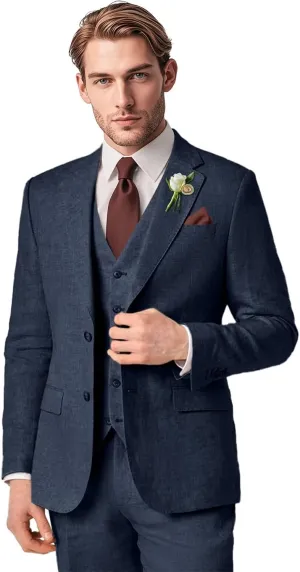 Men's Linen Suit 3 Piece Summer Slim Fit Blazer Set for Beach Weddings Parties Casual Business Jacket Vest Pants