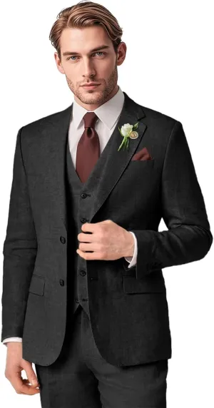 Men's Linen Suit 3 Piece Summer Slim Fit Blazer Set for Beach Weddings Parties Casual Business Jacket Vest Pants