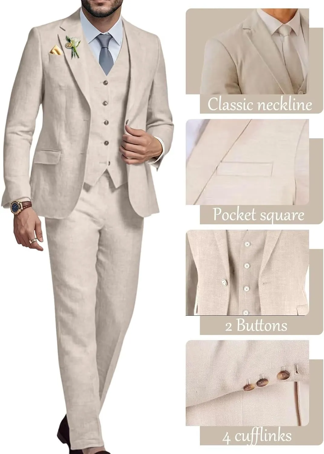 Men's Linen Suit 3 Piece Summer Slim Fit Blazer Set for Beach Weddings Parties Casual Business Jacket Vest Pants