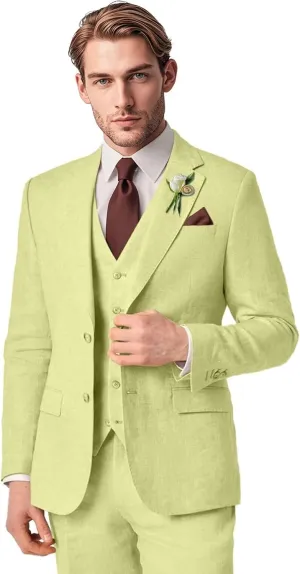 Men's Linen Suit 3 Piece Summer Slim Fit Blazer Set for Beach Weddings Parties Casual Business Jacket Vest Pants